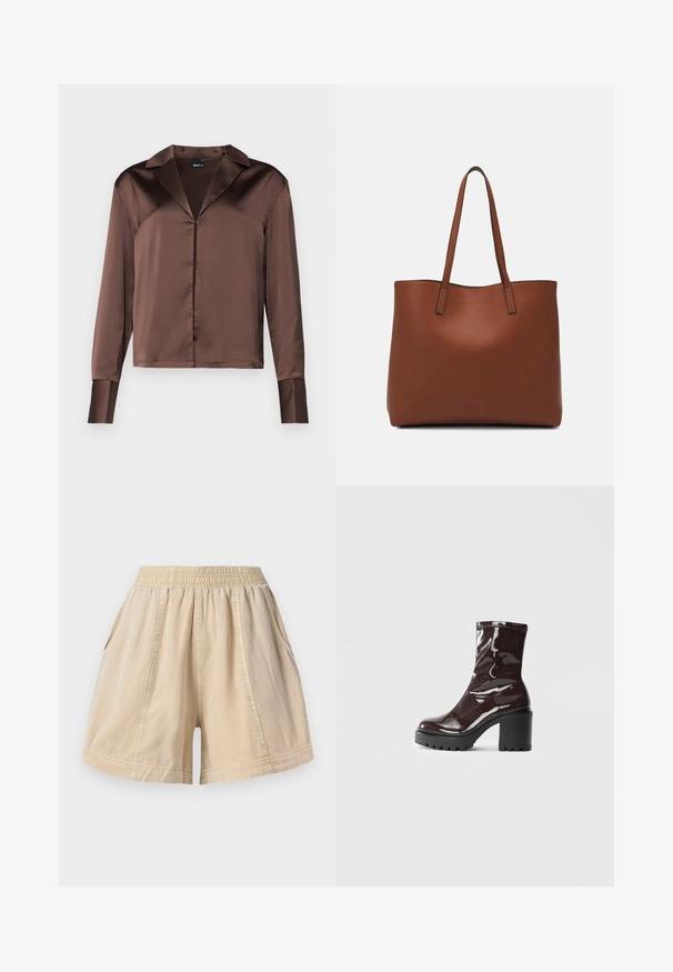 Smeđi satenski bluzon dugih rukava s oštrim ovratnikom, prednjim kopčanjem na dugmad i strukturiranim manžetama, koji se odlikuje glatkom, sjajnom teksturom.; Bež kratke hlače s elastičnom pasicom, bočnim džepovima i vidljivim šavovima, izrađene od lagane tkanine.; Sjajna burgundska čizma do gležnja s debelim crnim potplatom, koja se odlikuje glatkom teksturom i jednostavnim dizajnom. Nema vidljivih kopčanja ili uzoraka.; Smeđa kožna torba preko ramena s glatkom teksturom, otvorenim vrhom i dvjema naramenicama. Ima minimalne šavove i nema vidljivog hardvera.