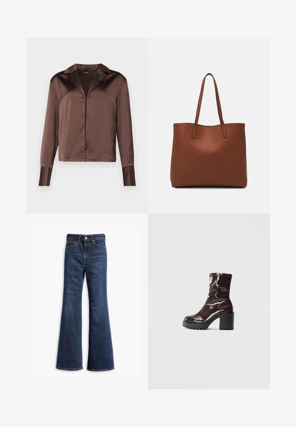 Brown satin long-sleeve blouse with a pointed collar, front button closure, and structured cuffs, featuring a smooth, glossy texture.; High-waisted dark blue denim jeans with flared legs, front button and zipper closure, and five-pocket design.; Glossy burgundy ankle boot with a chunky black heel, featuring a smooth texture and simple design. No visible fastenings or patterns.; Brown leather tote bag with a smooth texture, open top design, and two shoulder straps. Features minimal stitching and no visible hardware.
