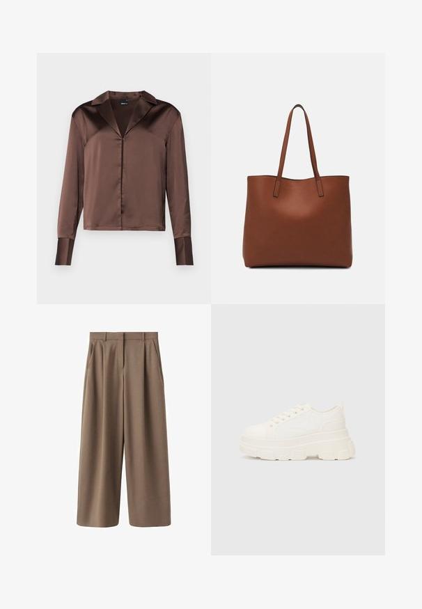Brown satin long-sleeve blouse with a pointed collar, front button closure, and structured cuffs, featuring a smooth, glossy texture.; Brown, wide-leg trousers with a smooth texture, front pleats, and a high waist. Features a tailored design and side pockets.; White canvas sneaker with a chunky sole, rounded toe, and five eyelets for laces. Back tab for easy wear. Smooth texture, minimalist design.; Brown leather tote bag with a smooth texture, open top design, and two shoulder straps. Features minimal stitching and no visible hardware.