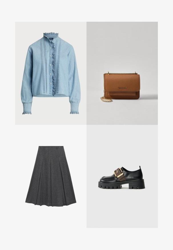 Hellblaues Hemd mit Knopfleiste aus weicher Baumwolle. Mit Spitzenbesatz am Kragen und an den Manschetten, sowie vertikalen Falten auf der Vorderseite.; Grauer, plissierter Rock mit ausgestellt Form, aus weichem Stoff. Verfügt über vertikale Falten und einen glatten Bund für einen figurschmeichelnden Look.; Schwarzer Lederschuh mit einem massiven Sohlen, ausgestattet mit einem goldenen Schnallenriemen und einem strukturierten braunen Akzent. Abgerundete Spitze und minimalistisches Design.; Braune strukturierte Ledertasche mit goldener Kettenriemen und Klappenverschluss. Die Vorderseite zeigt ein Logo-Detail und eine Tasche unter der Klappe.
