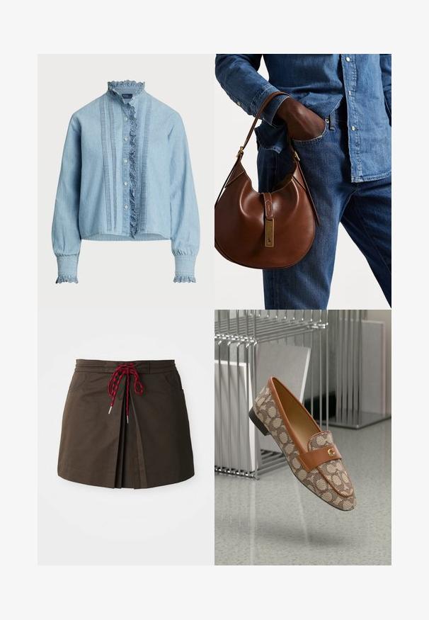 Hele sinine nööpidega särk, valmistatud pehmest puuvillast. Omab pitsist ääre kaeluses ja varrukates, samuti vertikaalsed voldid ees.; Pruun riidest seelik, millel on pleedi disain, punane ja must stringi vöö ning kaks esist taskut. Lihtne ja funktsionaalne stiil.; Pruunid mustriga loafers, millel on beež nahast rihm, kuldne logo aktsent ja madal must konts minimalistlikul taustal.; Pruun nahast hobo kott ümmarguse kujuga, millel on kuldne metallist detail ja kontrastne õmblus. Koos teksapitsi ja teksastega.