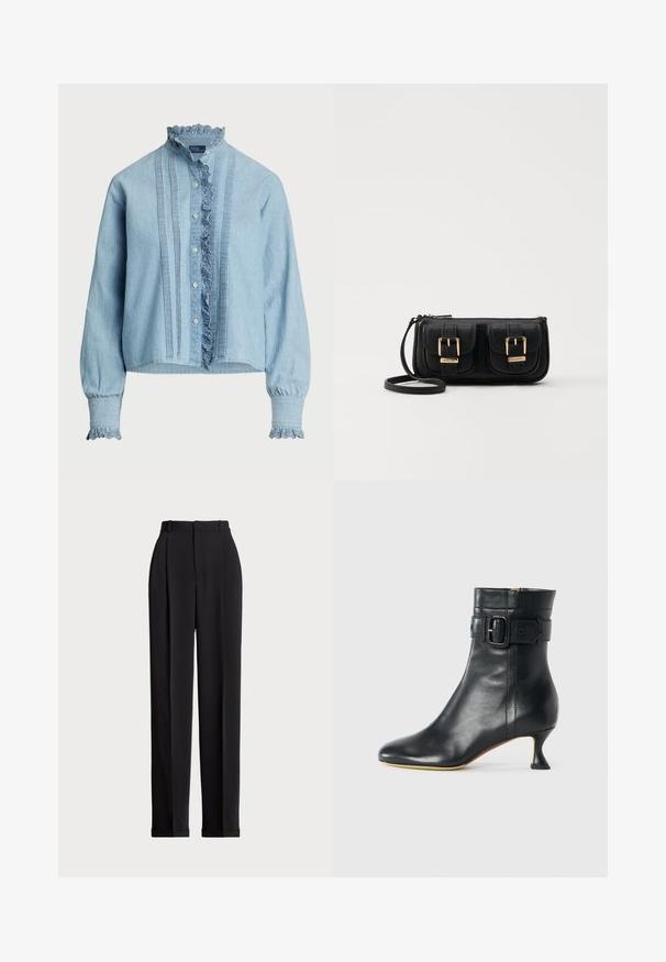 Cămașă de culoare albastru deschis, cu butoni, realizată din bumbac moale. Are dantelă la guler și la manșete, cu plieuri verticale pe față.; Pantaloni negri, croiți pe măsură, cu talie înaltă, cu plii în față, design cu picior drept și tiv manșetat. Confecționați dintr-un material neted.; Botină neagră din piele, cu vârful ascuțit, toc conic și detalii cu cataramă la manșetă. Textură netedă și design elegant.; Geantă neagră din piele, tip crossbody, cu două buzunare frontale, catarame aurii, închidere cu fermoar și o curea subțire. Suprafață texturată și formă rectangulară compactă.