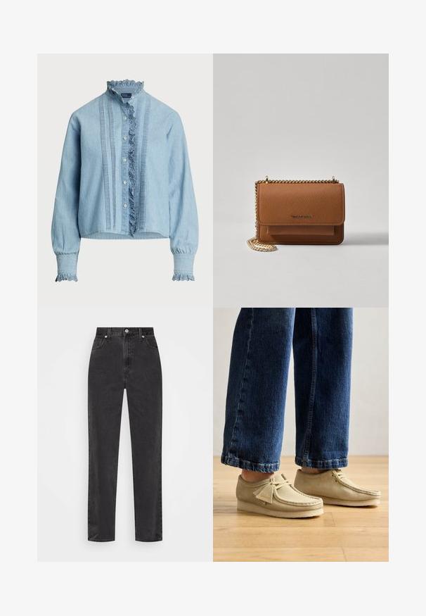 Šviesiai mėlyna marškinėlių palaidinė, pagaminta iš minkštos medvilnės. Su nėriniuotu apvadu ant apykaklės ir rankogalių, o priekyje yra vertikalios raukšlės.; Tiesios kojų juodos džinsinės kelnės su aukštu juosmeniu, priekyje esančia užtrauktuku ir mygtuku, bei penkių kišenių stiliumi ant balto fono.; Smėliniai zomšiniai batai su apvaliais pirštais ir žemu profiliu. Yra raišteliais užsegami ir dekoruoti siuvinėjimais. Dėvimi su trumpais mėlynais džinsais.; Ruda tekstūruota odinė per petį nešama rankinė su auksiniu grandininiu dirželiu ir užlenkiamo užsegimo. Priekinėje pusėje yra logotipo detalė ir kišenė po užlenkimu.