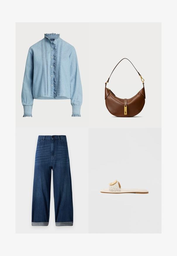 Hele sinine nööpidega särk, valmistatud pehmest puuvillast. Omab pitsist ääre kaeluses ja varrukates, samuti vertikaalsed voldid ees.; Tumed sinised laiad denim teksad, mille allääred on keeratud, esiklahv ja taskud, mis on lihtsa heleda tausta taustal.; Liugesandaal, millel on beež rihm geomeetrilise mustriga, ülaosal ümmargune kollane aktsent ja lame, helepõhjaga tald.; Pruun nahkne õlakott, millel on kumer kuju, kuldne riistvara, ülemise klapi detail ja logo aktsent. Sile tekstuur ja õmmeldud servad.