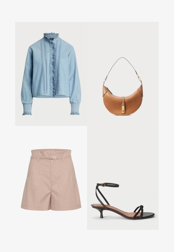 Svetlomodrá košela s gombíkmi vyrobená z jemnej bavlny. Má čipkovú ozdobu na golieri a na manžetách, s vertikálnymi plisovanými detailmi na prednej strane.; Svetloružové šortky na mieru vyrobené z textúrovanej tkaniny, so širokým pásom, pútkami na opasok a detailom so striebornou sponou.; Polo Ralph Lauren LEATHER KITTEN-HEEL SANDAL - Klasické lodičky na opätku - black; Hnedá kožená kabelka s zakriveným tvarom, zlatými kovovými prvkami a tenkým ramenným popruhom. Obsahuje zipsové uzatváranie a detail s logom na prednej strane.