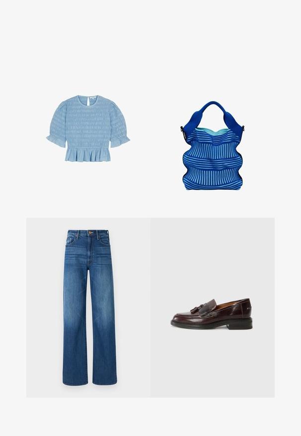 Light blue blouse with smocked texture, round neckline, keyhole back detail, and short puff sleeves with ruffled cuffs and hem.; Mother THE LASSO SNEAK - Relaxed fit jeans - dark blue denim; Brown leather loafers with a tassel accent, rounded toe, low block heel, and a textured sole. Smooth finish with subtle stitching details.; Desigual MEDIUM PERFORATED - Handbag - blue