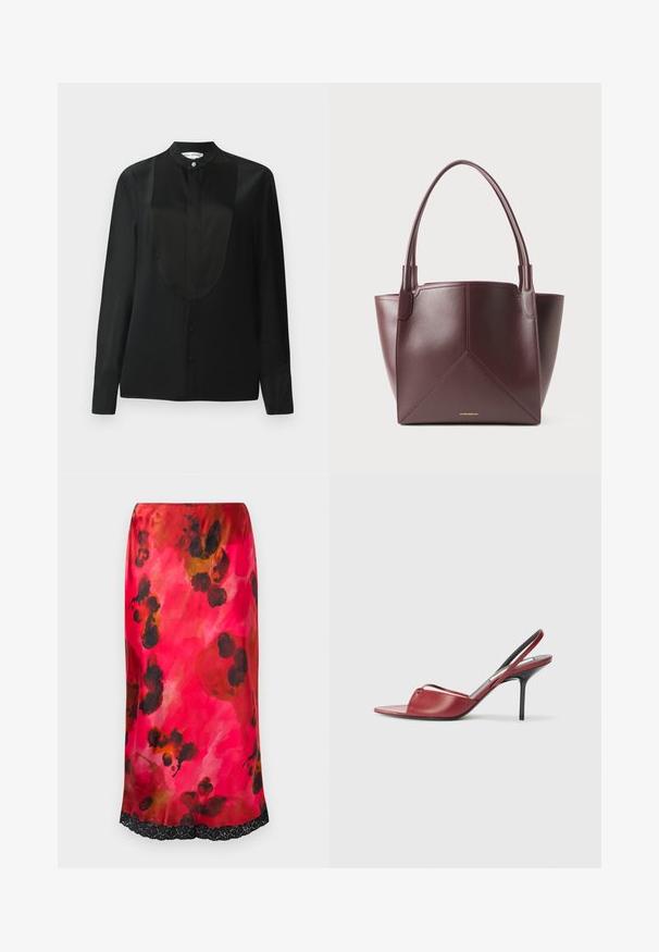 Zwarte langslavige shirt in een gladde stof, met een hoge kraag, een knoopsluiting en een glad paneel detail aan de voorkant.; Satijnen midi-jurk met een roze aquarel bloemenpatroon en zwarte accenten, afgewerkt met kant aan de onderrand. Gladde textuur, aansluitende snit.; Rode leren slingback sandaal met hoge hak, met een puntige open teenontwerp, dunne band over de voet en een smalle stiletto hak.; Donkerbruine leren tote bag met twee handvaten en geometrische paneelstiksels, voorzien van kleine gouden merktekst nabij het midden onderaan.