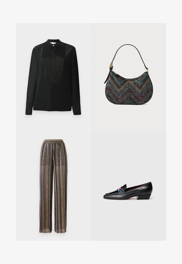 Black long-sleeve shirt in smooth fabric, featuring a high collar, a placket with buttons, and a smooth panel detail down the front.; Pleated wide-leg trousers with multicolored metallic stripes, featuring a black base and an elastic waistband with a striped design.; Black leather low-heeled loafer with pointed toe and colorful patterned strap detail on white background.; Black handbag with a curved shape, featuring a multicolored chevron pattern and metallic thread. It has a leather strap and gold hardware accents.
