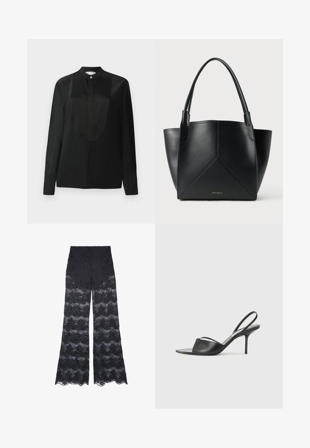 Black long-sleeve shirt in smooth fabric, featuring a high collar, a placket with buttons, and a smooth panel detail down the front.; Black lace wide-leg pants featuring a patterned design with floral motifs and scalloped edges, offering a sheer texture throughout.; Black leather slingback heels with a pointed toe, thin ankle strap, and stiletto heel. Features a knotted detail on the vamp.; Black leather tote bag with a geometric design, featuring two handles and gold branding on the front. Smooth texture and structured shape.