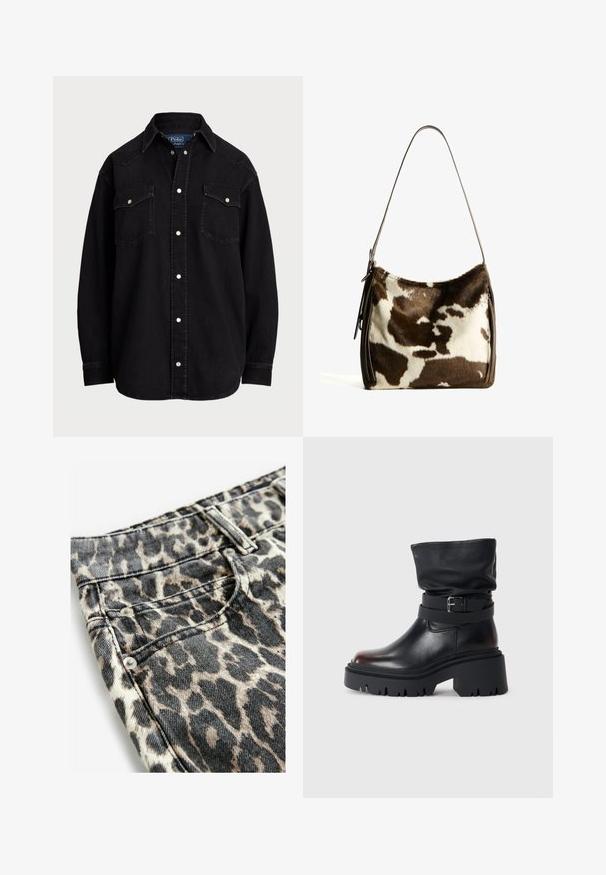 Sort denim skjorte med lange ærmer, spids krave, to brystlommer og sølvfarvede trykknapper, med lige snit og blød tekstur.; Leopardmønstret denimstof med sorte og beige nuancer, metalnitter, syede lommer og et struktureret taljebånddesign.; Sort læderankelstøvle med en slouchy overdel, spænde detaljer og en tyk, robust sål. Har rund tå og glat tekstur.; Brun og creme farvet koe læder skuldertaske med en glat læderrem, lynlås lukning og en blød, tekstureret overflade med et naturligt mønster.