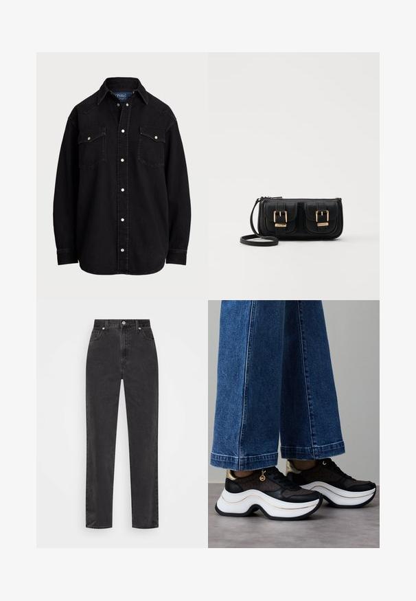 Sort denim skjorte med lange ærmer, spids krave, to brystlommer og sølvfarvede trykknapper, med lige snit og blød tekstur.; Sorte denim jeans med lige ben, høj talje, foran knap og lynlås, samt fem-lomme stil på en hvid baggrund.; Sorte og guld sneakers med en buet hvid sål. Tekstureret stof med logo-detaljer. Kombineret med brede blå denimbukser.; Sort læder crossbody taske med to frontlommer, guldspænder, lynlåslukning og en slank rem. Struktureret overflade og kompakt rektangulær form.