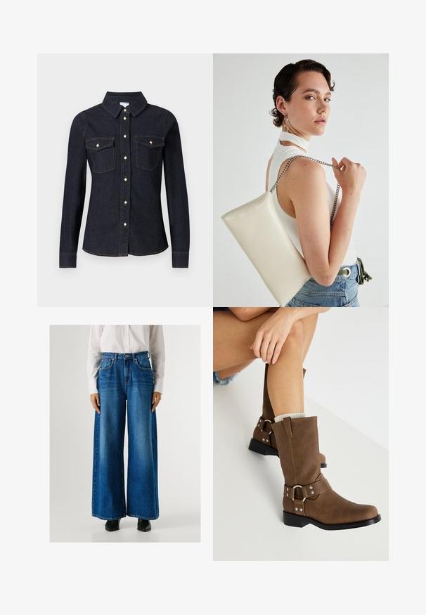 Tumši džinsi garām piedurknēm krekls ar apkakli, divām krūšu kabatām un pogu aizdari, ar kontrastējošiem šuvēm un standarta piegriezumu.; Zili-snapjā labi bikses ar augstu vidukli, izgatavotas no denima, ar priekšējām kabatām un pogu aizdari. Gluda tekstūra ar klasisku mazgāšanu.; ONLY SHOES ONLBAX - Kovboju/motociklistu tipa zābaki - brown; Balts taisnstūra clutch soma, izgatavota no spīdīga materiāla, ar sudraba ķēdes siksnu. Modelis pozē, demonstrējot somu uz vienkārša fona.