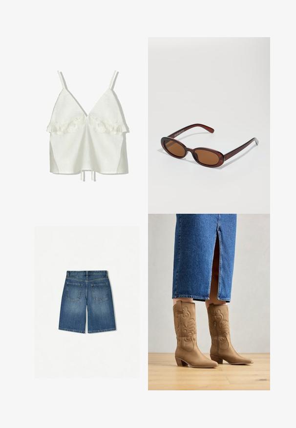 Fehér vászon felső állítható pántokkal és mély V-nyakkivágással. A mellek résznél fodros díszítéssel rendelkezik, laza fazonú és húzózsinóros aljjal.; Közékkék farmer sort, laza fazonnal, két hátsó zsebbel és tiszta, egyenes szegéllyel. Klasszikus öt zsebes kialakítás.; Barna, western stílusú csizmák díszes varrással, hegyes orral és réteges sarkukkal. Térd hosszúságú farmer szoknyával viselve, amely felfedi a csizmákat.; Kerek, barna árnyalatú napszemüveg fényes burgundi kerettel. Karcsú karok diszkrét márkázással. Lapos lencse kialakítás.