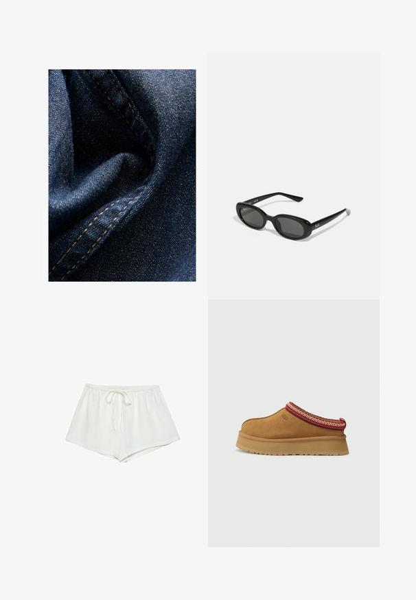 Tmavě modrá deninová látka s hladkým povrchem, která se vyznačuje kontrastním oranžovým šitím a přeloženým materiálem, čímž zdůrazňuje svou hloubku a detaily.; Bílé bavlněné šortky mají elastický pas se šňůrkou, volný střih a hladkou texturu. Lem je rovný, bez dalších vzorů nebo akcentů.; Hnědé semišové slip-on boty s červeným a krémovým vzorovaným lemem, texturovanou podrážkou a logem UGG po straně. Obsahují mírnou výšku platformy.; Černé sluneční brýle s oválnými objektivy, lesklý plastový rám a štíhlé nožičky. Na boku se nachází bílé logo Ray-Ban.; Červená kožená taška přes rameno s zakřiveným designem, hladkým povrchem a zipovým uzávěrem. Obsahuje tenkou rukojeť pro nošení.