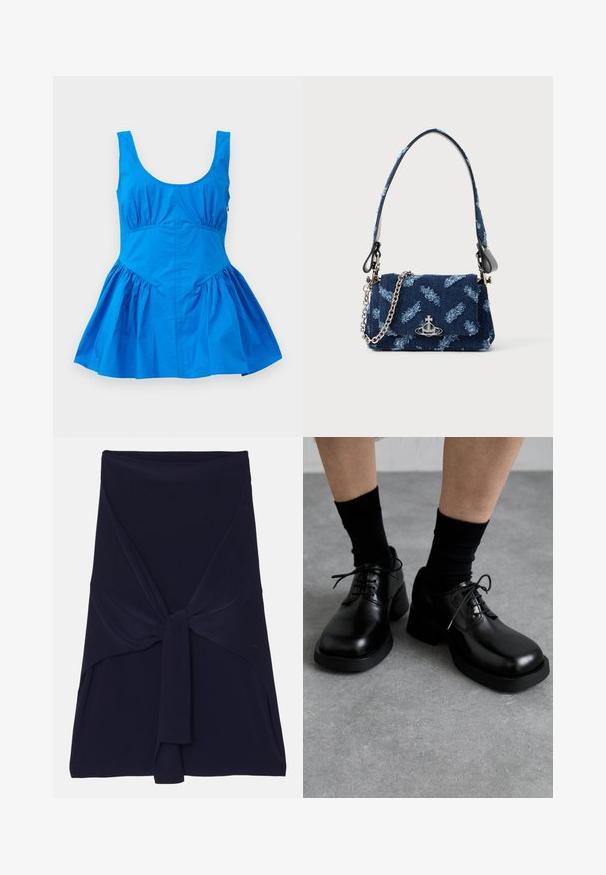 Vestido sin mangas de color azul con escote redondeado y detalles fruncidos en la cintura, con una falda acampanada y una tela suave y ligera.; Falda envolvente de color azul marino, fabricada en una tela suave y elástica con un diseño anudado en la parte frontal, que presenta una textura lisa y bordes ajustados.; MIISTA ALTHEA BROGUES - Zapatos de vestir - black; Bolso de tela azul marino con un diseño texturizado, herrajes plateados y una correa de cadena desmontable. Presenta un cierre de solapa y un acento de logo.