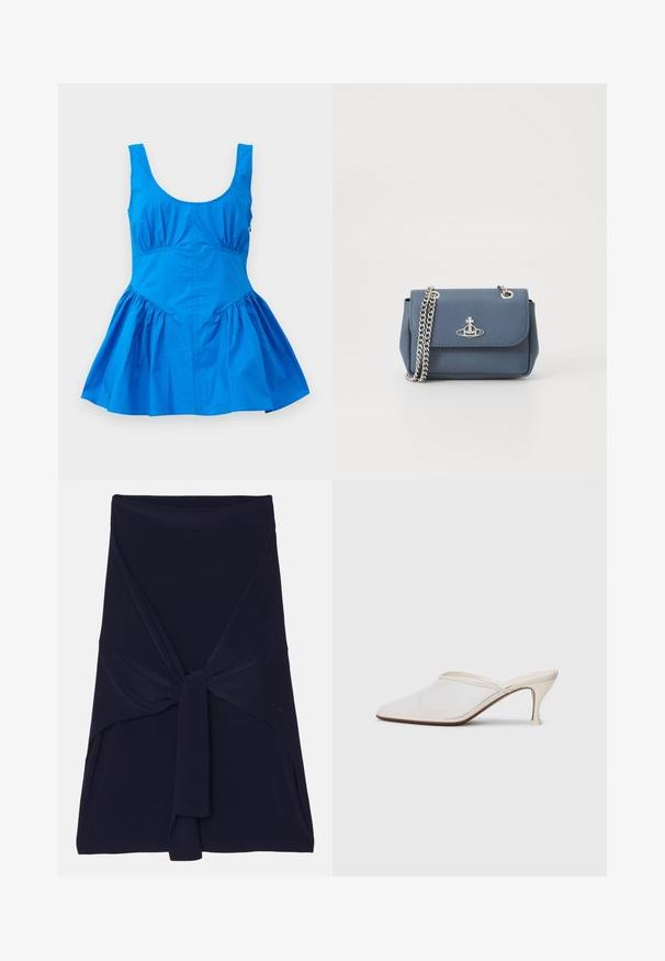 Blå ærmeløs kjole med scoop-hals og rynkede detaljer ved taljen, der har en flagrende nederdel og en glat, let stof.; Marineblå omslagskørt lavet af blødt, strækkeligt stof med et knyttet design foran, der har en glat overflade og skræddersyede kanter.; Hvide mesh spidse mule-sko med en slank hæl i mellem højde og slip-on design mod en ensfarvet baggrund.; Blå tekstureret faux læder håndtaske med en sølv kædestrop og et logo accent foran. Spænde lukning med en klapdesign.