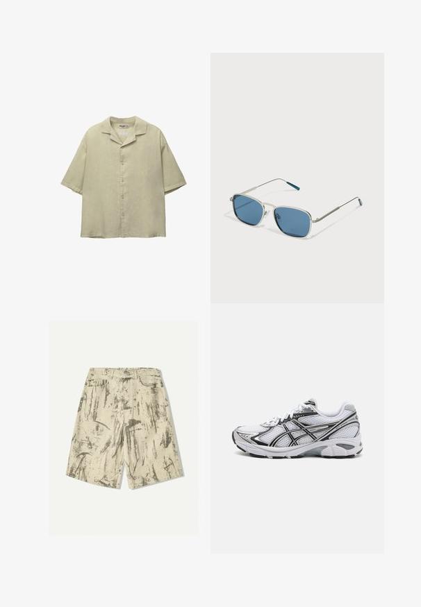 Svetlozelená krátkopriemyselná košeľa z ľanu, s výstrihom do "V", zapínaním na gombíky a voľným strihom. Hladká, textúrovaná látka.; Bežové šortky vyrobené z denimu s textúrovaným abstraktným šedým vzorom, s dvoma prednými vreckami a klasickým zapínaním na gombík.; Biele športové tenisky s vrchnou časťou zo sieťoviny, čiernymi akcentmi a striebornými detailmi. Obsahujú polstrovanú podrážku a šnurovací dizajn pre podporu.; Slnečné okuliare so strieborným kovovým rámom, obdĺžnikovými modrými sklami a tenkými nožičkami. Obsahujú modré akcenty na koncoch spánkov.
