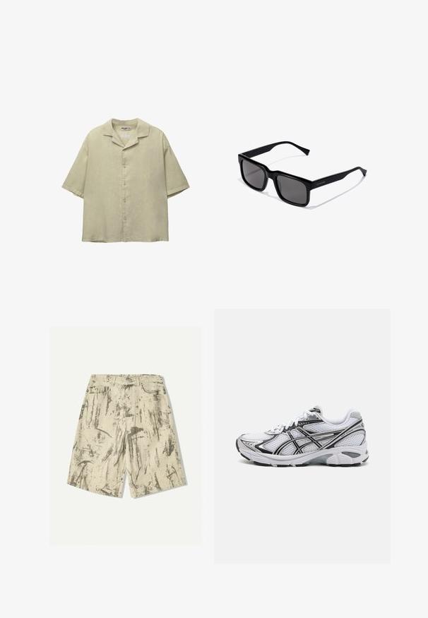 Vaaleanvihreä lyhythihainen paita, joka on valmistettu pellavasta. Siinä on lovellinen kaulus, nappisulku ja rento malli. Sileä, tekstuuriainen kangas.; Beige farkut, jotka on valmistettu denimistä ja joissa on teksturoitu abstrakti harmaa kuvio, kaksi etutaskua ja klassinen nappisuljenta.; Valkoinen urheilusandaali, jossa on verkkomateriaali päällinen, mustat yksityiskohdat ja hopeiset yksityiskohdat. Varustettu pehmustetulla pohjalla ja nauhatekniikalla tuen tarjoamiseksi.; Mustat suorakulmaiset aurinkolasit tummilla linsseillä; kiiltävä muovinen runko suoraselkäisillä varsilla ja hienovarainen logotieto sivussa.
