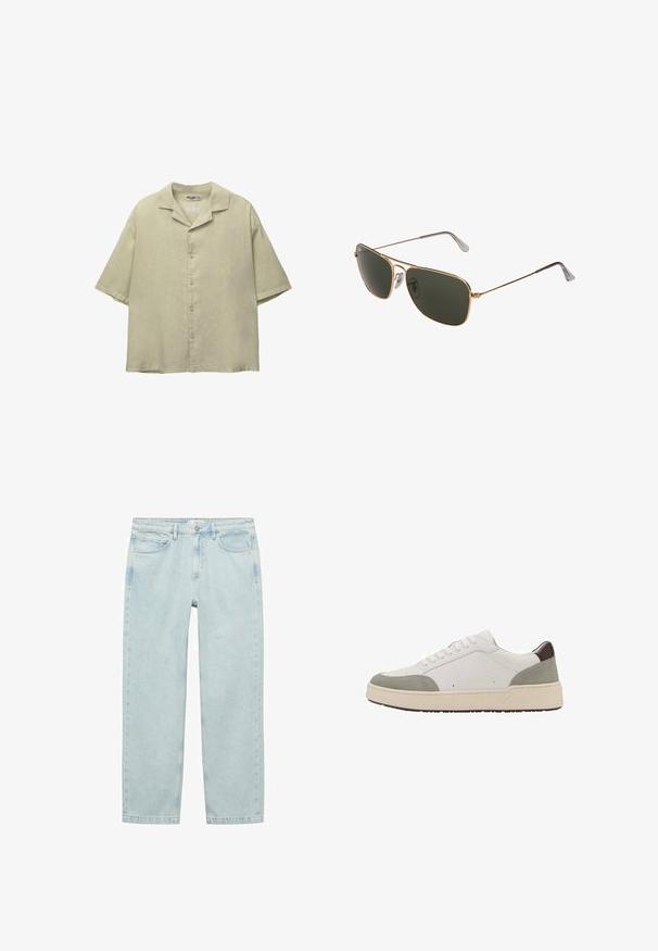 Svetlo zelena kratka majica z zavihkom, izdelana iz lanu, z ovratnikom, zapiranjem na gumbe in sproščenim krojem. Gladka, teksturirana tkanina.; Svetlo modri kavbojke z udobnim krojem, ravnimi hlačnicami, petimi žepi in kovinskim gumbom za zapiranje na pasu.; Bela teniska z sivim semišem in temno rjavimi usnjenimi detajli. Ima sistem vezanja, zaobljen prst, debel bel gumijast podplat in minimalne šive.; Zlate metalne avijacijske sunčane naočare s velikim tamnozelenim lećama, s tankim okvirom i prozirnim nosem jastučićima za udobnost.