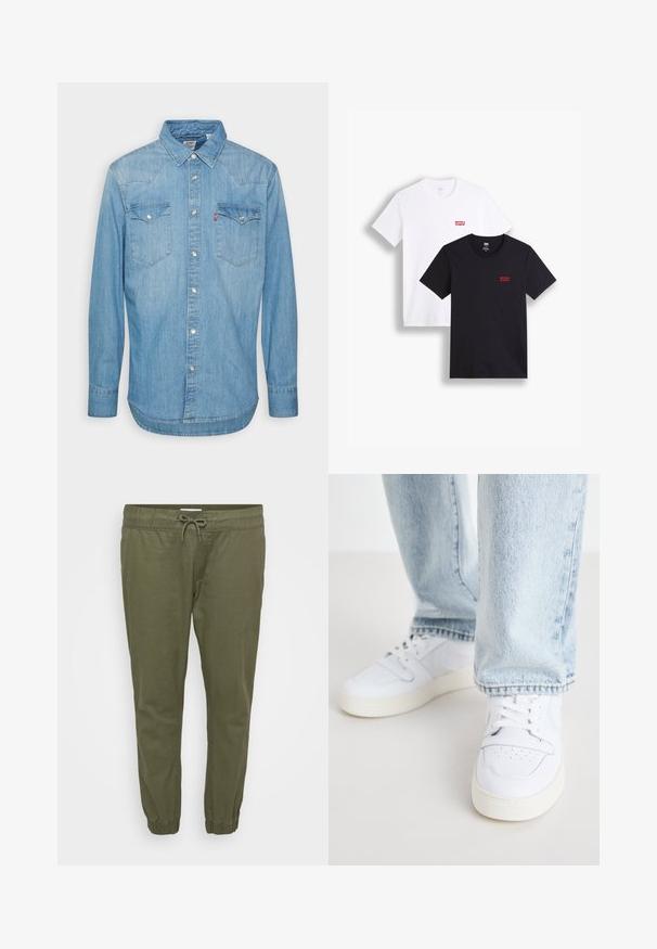 Chemise en denim bleu clair à manches longues, col pointu et deux poches poitrine. Dotée d'une fermeture à boutons et d'un ourlet courbe.; Deux t-shirts à manches courtes : un blanc et un noir. Tous deux en coton avec un logo rouge de Levi's sur la poitrine. Design simple à col rond.; Pantalons taperés légers en vert olive, avec une taille élastique, un cordon de serrage ajustable et des poignets élastiques aux chevilles. Texture lisse.; Baskets basses en cuir blanc avec un bout perforé, des lacets plats et un design minimaliste. Associées à un jean en denim bleu clair.