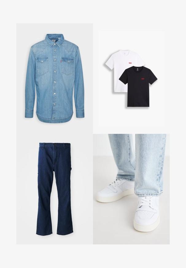 Hellblaues Denim-Hemd mit langen Ärmeln, spitzem Kragen und zwei Brusttaschen. Verfügt über eine Knopfverschlüsse und einen abgerundeten Saum.; Zwei kurzärmlige T-Shirts: eines in Weiß und eines in Schwarz. Beide aus Baumwolle mit einem roten Levi's-Logo auf der Brust. Einfaches Rundhals-Design.; Blaue Jeans aus Denim mit geradem Bein, Knopfverschluss und zwei seitlichen Taschen sowie einem leicht verwaschenen Finish.; Weiße Leder-Low-Top-Sneaker mit perforierter Zehenpartie, flachen Schnürsenkeln und minimalistischem Design. Kombiniert mit hellblauen Jeans.
