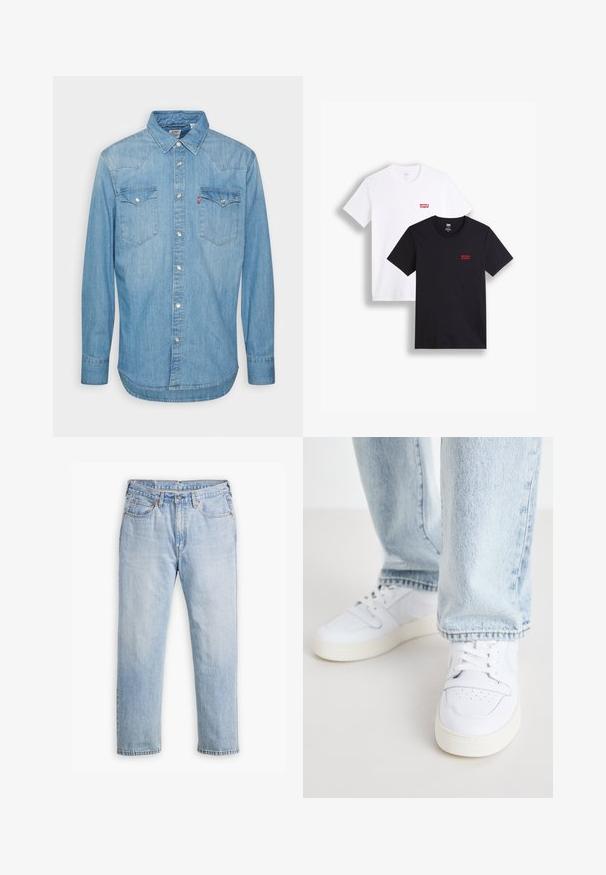 Lichtblauw denim shirt met lange mouwen, puntige kraag en twee borstzakken. Voorzien van knoopsluiting en een afgeronde zoom.; Twee t-shirts met korte mouwen: één wit en één zwart. Beide gemaakt van katoen met een rood Levi's logo op de borst. Eenvoudig ontwerp met ronde hals.; Lichtblauwe denim jeans met een recht model, vijf zakken en contrasterende stiksels. Knopen- en ritssluiting bij de taille.; Witte leren lage sneakers met geperforeerde neus, platte veters en een minimalistisch ontwerp. Gecombineerd met lichtblauwe denim jeans.