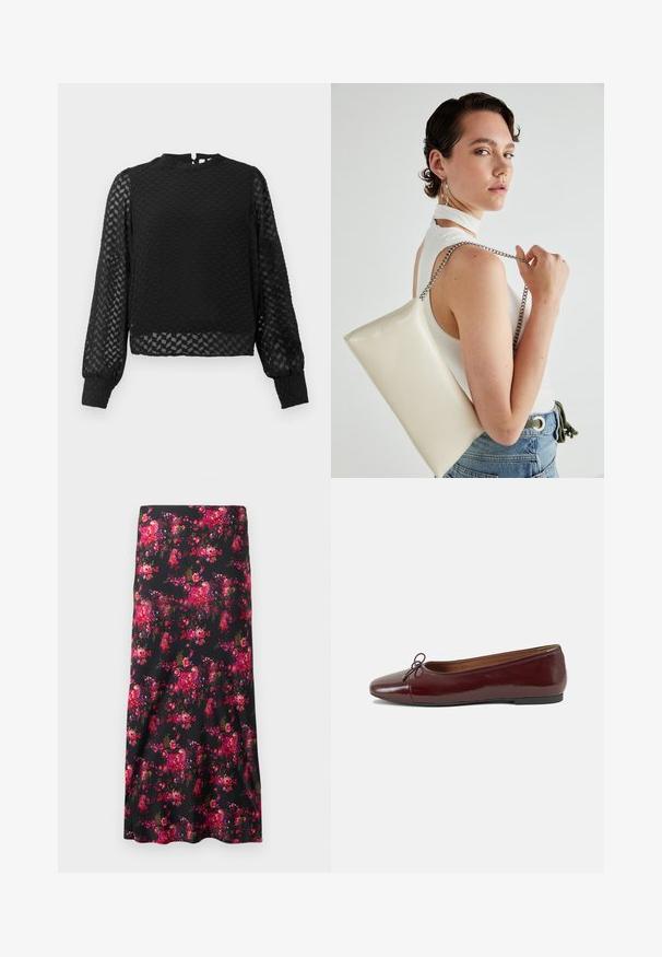 Sort langærmet top med et tekstureret zigzag-mønster, høj halsudskæring og gennemsigtige ærmer. Har en åbning med nøglehul i ryggen og tætsiddende manchetter.; Blomstermidi-nederdel i sort med et livligt mønster af pink og røde blomster. Glat stof, A-formet silhuet med en bred kant.; Bordeaux patentlæder balletflad med rund tå, lille sløjfeaccent foran og en lav, sort gummisål. Glat tekstur.; Hvid rektangulær clutch-taske lavet af skinnende materiale, med en sølv kædetransport. Modellen poser, mens hun fremviser tasken mod en ensfarvet baggrund.