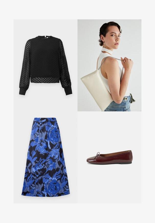 Black long-sleeve top with a textured zigzag pattern, high neckline, and sheer sleeves. Features a back keyhole opening and fitted cuffs.; Flared skirt in a blue floral pattern on a black background. Elastic waistband, lightweight fabric, and knee-length design.; Burgundy patent leather ballet flat with a rounded toe, small bow accent at the front, and a low, black rubber sole. Smooth texture.; White rectangular clutch bag made of glossy material, featuring a silver chain strap. Model poses, showcasing the bag against a plain background.