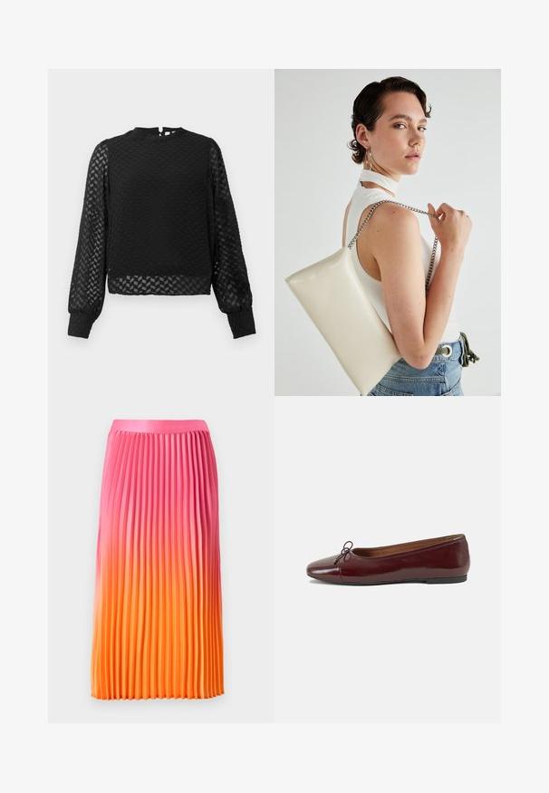 Svart langermet topp med et teksturert zikk-zakk mønster, høy hals og gjennomsiktige ermer. Har en nøkkelhullsåpning bak og tettsittende mansjetter.; Plisséskjørt med en gradient fra rosa til oransje, med en glatt midje og flytende design, laget av lett stoff.; Burgunderrød lakk lær ballettleilighet med rund tå, liten sløyfe foran og en lav, svart gummisåle. Glatt tekstur.; Hvit rektangulær clutch-veske laget av blankt materiale, med en sølvkjede-stropp. Modellen poserer og viser vesken mot en ensfarget bakgrunn.