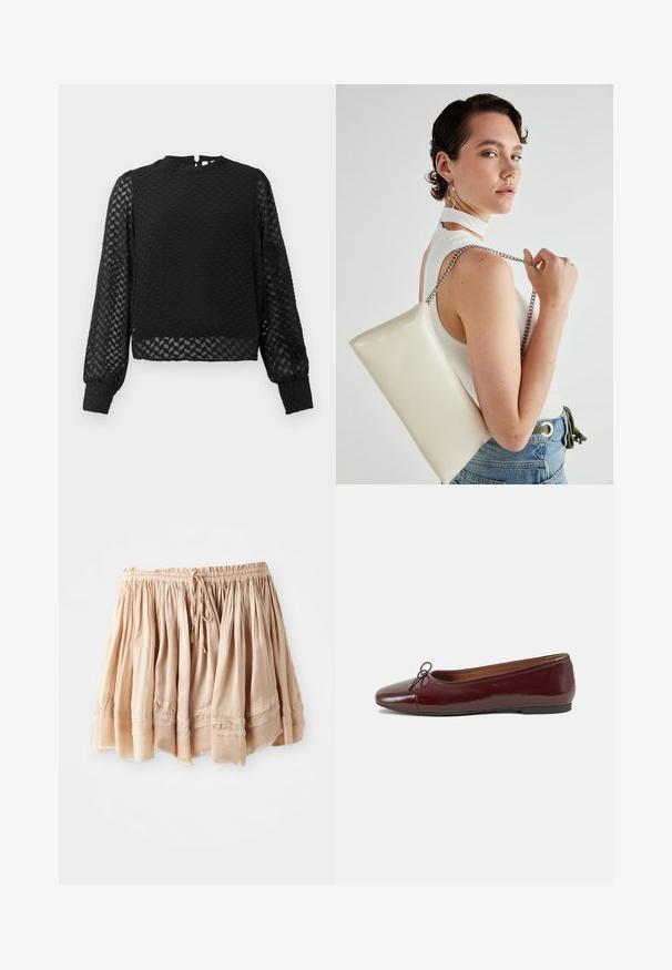 Black long-sleeve top with a textured zigzag pattern, high neckline, and sheer sleeves. Features a back keyhole opening and fitted cuffs.; Light beige, tiered skirt made of soft fabric with an elastic waistband and adjustable drawstring, featuring subtle pleats and stitched accents.; Burgundy patent leather ballet flat with a rounded toe, small bow accent at the front, and a low, black rubber sole. Smooth texture.; White rectangular clutch bag made of glossy material, featuring a silver chain strap. Model poses, showcasing the bag against a plain background.