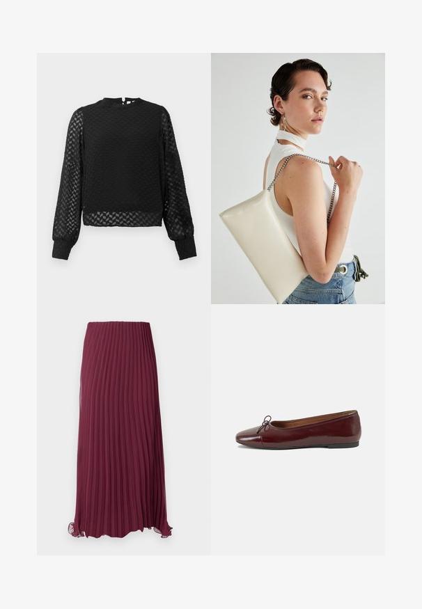 Svart langermet topp med et teksturert zikk-zakk mønster, høy hals og gjennomsiktige ermer. Har en nøkkelhullsåpning bak og tettsittende mansjetter.; Lang burgunderfarget plissert skjørt laget av lett materiale med elastisk liv og en lett volangkant. Teksturert vertikale folder gjennom hele.; Burgunderrød lakk lær ballettleilighet med rund tå, liten sløyfe foran og en lav, svart gummisåle. Glatt tekstur.; Hvit rektangulær clutch-veske laget av blankt materiale, med en sølvkjede-stropp. Modellen poserer og viser vesken mot en ensfarget bakgrunn.