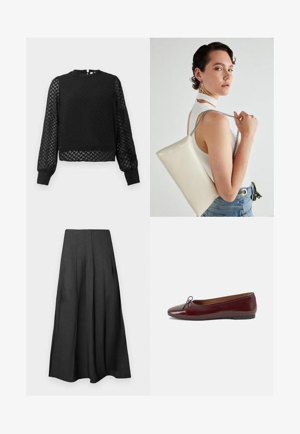 Juodas ilgomis rankovėmis viršus su tekstūruotu zigzaginiu raštu, aukštu kaklu ir permatomomis rankovėmis. Savybės: nugaros rakto skylutė ir prigludę rankogaliai.; Juoda, raukšlėta midi sijonas, pagamintas iš lengvos medžiagos su lygiu paviršiumi; turi šonines kišenes ir laisvą siluetą.; Bordo lakiotos odos baleto bateliai su apvalia nosimi, maža kaspinėlio akcentu priekyje ir žema juoda guma padanga. Lygi tekstūra.; Balta, stačiakampio formos rankinė pagaminta iš blizgaus medžiagos, su sidabriniu virvute. Modelis pozavo, demonstruodamas rankinę prieš paprastą foną.