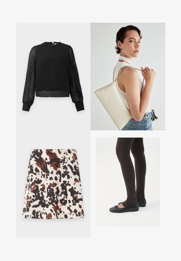 Black long-sleeve top with a textured zigzag pattern, high neckline, and sheer sleeves. Features a back keyhole opening and fitted cuffs.; Short skirt with a cow-print pattern in cream, brown, and black. Made from soft fabric; features a straight, fitted design and slight stretch.; Black flat shoes with a small bow detail at the toe, paired with dark brown ribbed tights. Shoes have a smooth texture and low profile.; White rectangular clutch bag made of glossy material, featuring a silver chain strap. Model poses, showcasing the bag against a plain background.