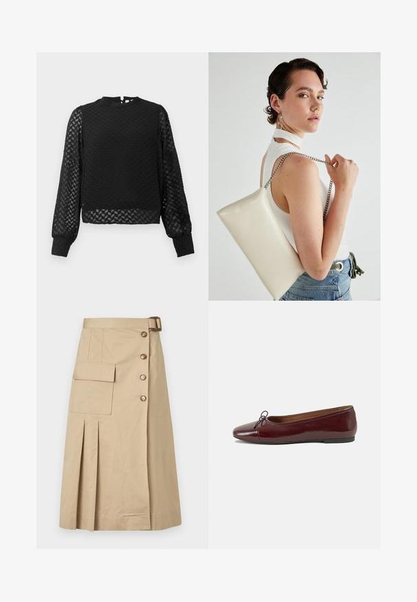 Maglia nera a maniche lunghe con un motivo a zigzag texturizzato, collo alto e maniche trasparenti. Presenta un'apertura a forma di chiave sul retro e polsini aderenti.; Gonna beige lunghezza ginocchio in cotone misto. Caratterizzata da bottoni frontali, una tasca laterale e pieghe per la struttura. Tessuto morbido.; Ballerine in pelle verniciata bordeaux con punta arrotondata, piccolo fiocco decorativo sulla parte anteriore e suola bassa in gomma nera. Texture liscia.; Borsa a pochette rettangolare bianca realizzata in materiale lucido, con una tracolla in catena argentata. Il modello posa, mostrando la borsa su uno sfondo semplice.