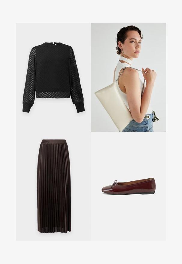 Haut noir à manches longues avec un motif zigzag texturé, col haut et manches transparentes. Dispose d'une ouverture en clé à l'arrière et de poignets ajustés.; Jupe midi plissée en tissu marron foncé, avec une taille lisse, un design long jusqu'au sol et des plis verticaux pour une texture supplémentaire.; Ballerines en cuir verni bordeaux avec un bout rond, un petit nœud décoratif à l'avant et une semelle en caoutchouc noire basse. Texture lisse.; Pochette rectangulaire blanche en matériau brillant, avec une bandoulière en chaîne argentée. Le modèle pose en mettant en valeur le sac contre un fond uni.