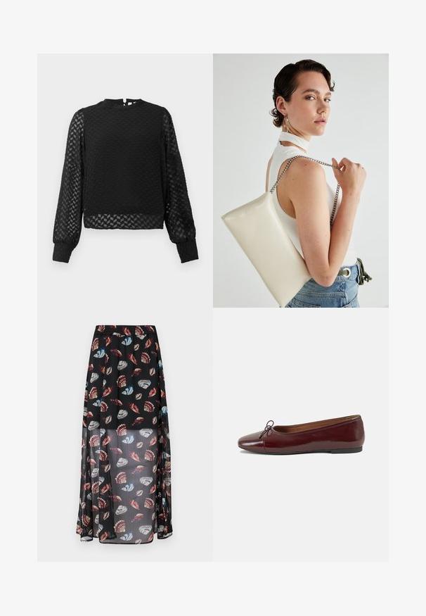 Black long-sleeve top with a textured zigzag pattern, high neckline, and sheer sleeves. Features a back keyhole opening and fitted cuffs.; Black, sheer maxi skirt with an elastic waistband featuring a multicolored shell and butterfly print throughout. Lightweight, flowy fabric.; Burgundy patent leather ballet flat with a rounded toe, small bow accent at the front, and a low, black rubber sole. Smooth texture.; White rectangular clutch bag made of glossy material, featuring a silver chain strap. Model poses, showcasing the bag against a plain background.