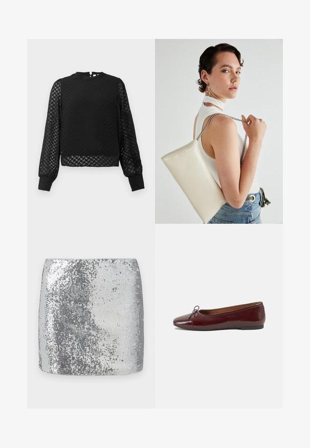 Schwarzes Langarmoberteil mit strukturiertem Zickzackmuster, hohem Kragen und durchsichtigen Ärmeln. Besitzt einen Schlüsselloch-Ausschnitt auf der Rückseite und eng anliegende Bündchen.; Silberne, mit Pailletten besetzte Minirock mit taillierter Passform und glatter Textur, die das Licht auf seiner Oberfläche reflektiert und ihm ein glänzendes Erscheinungsbild verleiht.; Burgunderfarbenes, lackiertes Ballettschuh mit abgerundetem Zehenbereich, kleiner Schleifenakzent vorne und einer niedrigen, schwarzen Gummisohle. Glatte Textur.; Weiße rechteckige Clutch aus glänzendem Material mit einem silbernen Kettenriemen. Das Model posiert und präsentiert die Tasche vor einem schlichten Hintergrund.