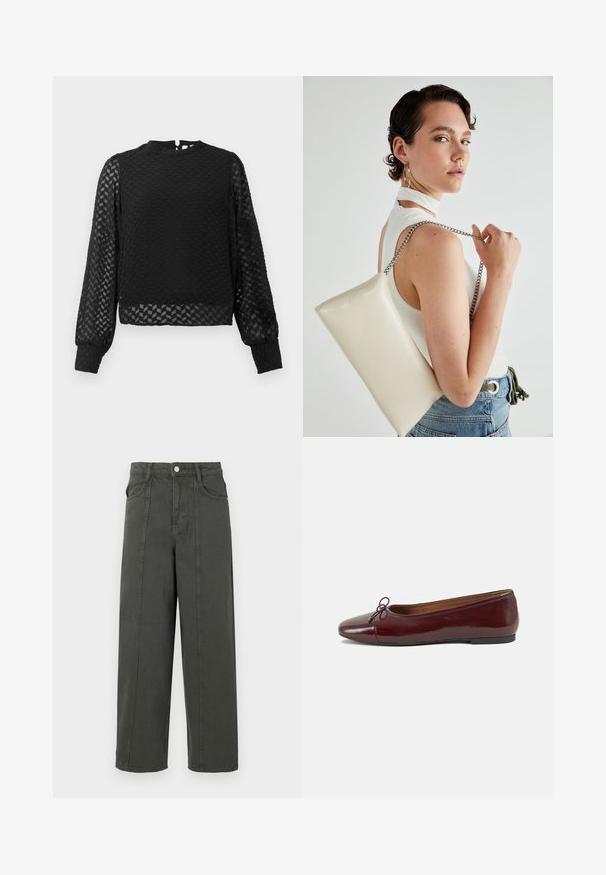 Melnā ilgā piedurkne augšdaļa ar teksturētu zigzaga rakstu, augstu izgriezumu un caurspīdīgām piedurknēm. Iespējams aizmugurējais atslēgas caurums un pieguļošas aproces.; Tumši pelēki augstās jostas platās bikses ar priekšējo pogu un rāvējslēdzēju, priekšējām kabatām, jostu cilpiņām un redzamām vertikālajām šuvēm.; Burgundijas laku ādas baleta kurpes ar noapaļotu purngalu, nelielu loku akcentu priekšā un zemu melnu gumijas zoli. Gluda tekstūra.; Balts taisnstūra clutch soma, izgatavota no spīdīga materiāla, ar sudraba ķēdes siksnu. Modelis pozē, demonstrējot somu uz vienkārša fona.