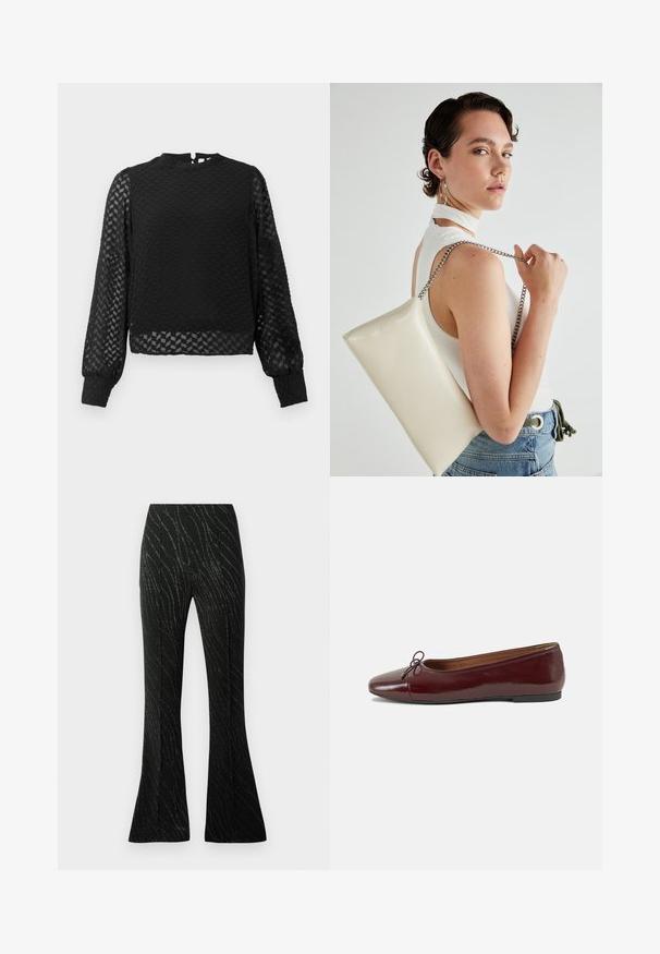 Zwart langemouwtop met een gestructureerd zigzagpatroon, hoge halslijn en doorschijnende mouwen. Heeft een opening met sleutelgat aan de achterkant en aansluitende manchetten.; Zwarte flared broeken gemaakt van stof met een zachte textuur, voorzien van een golvende zilveren draadpatroon. Perfecte pasvorm met voorplooien.; Bordeaux gepatenteerd lederen ballerina met een ronde neus, een klein strikaccent aan de voorkant en een lage, zwarte rubberen zool. Glad textuur.; Witte rechthoekige clutch tas gemaakt van glanzend materiaal, met een zilveren kettingband. Model poseert en toont de tas tegen een effen achtergrond.