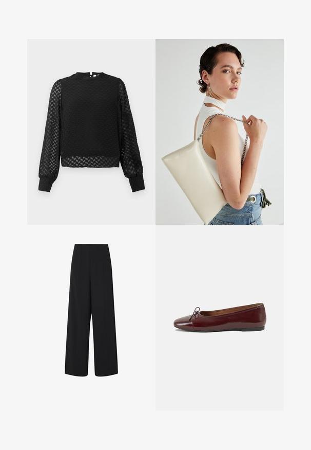 Czarny top z długim rękawem o fakturowanym wzorze w zygzak, z wysokim kołnierzem i przezroczystymi rękawami. Posiada otwarcie w kształcie klucza z tyłu oraz dopasowane mankiety.; Czarne szerokie spodni kroplowe z wysokim stanem i kieszeniami bocznymi, z subtelnymi pionowymi detalami szwów.; Bordowe baleriny z lakierowanej skóry z zaokrąglonym noskiem, małą kokardką z przodu oraz niską, czarną gumową podeszwą. Gładka tekstura.; Biała prostokątna kopertówka wykonana z błyszczącego materiału, z srebrnym łańcuszkiem. Modelka pozuje, prezentując torebkę na jednolitym tle.