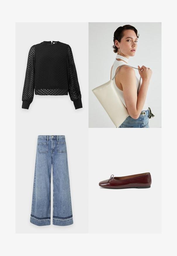 Musta pitkähihaisen paita, jossa on teksturoitu sahalaita kuvio, korkea kaula-aukko ja läpinäkyvät hihat. Mukana takana oleva avaus avaimenreikä ja istuvat hihansuut.; Vaalean siniset farkut, joissa on leveä lahje ja korkea vyötärö, kaksi takataskua ja erottuva ompelu lahkeiden reunassa.; Burgundin värinen lakattu nahkainen ballerinatossu pyöreällä varvaskärjellä, pienen nauhan yksityiskohdalla edessä ja matalalla mustalla kumipohjalla. Sujuva pinta.; Valkoinen suorakulmainen clutch-laukku, joka on valmistettu kiiltävästä materiaalista ja jossa on hopeinen ketjuolkahihna. Malli poseeraa laukku käsivarsillaan yksinkertaista taustaa vasten.