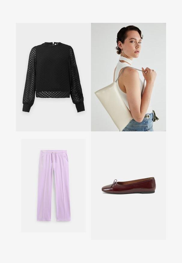 Juodas ilgomis rankovėmis viršus su tekstūruotu zigzaginiu raštu, aukštu kaklu ir permatomomis rankovėmis. Savybės: nugaros rakto skylutė ir prigludę rankogaliai.; Šviesiai violetinės tiesios laisvalaikio kelnės su elastine juosmens juosta, reguliuojamais raišteliais ir užtrauktukais užsegamomis šoninėmis kišenėmis.; Bordo lakiotos odos baleto bateliai su apvalia nosimi, maža kaspinėlio akcentu priekyje ir žema juoda guma padanga. Lygi tekstūra.; Balta, stačiakampio formos rankinė pagaminta iš blizgaus medžiagos, su sidabriniu virvute. Modelis pozavo, demonstruodamas rankinę prieš paprastą foną.