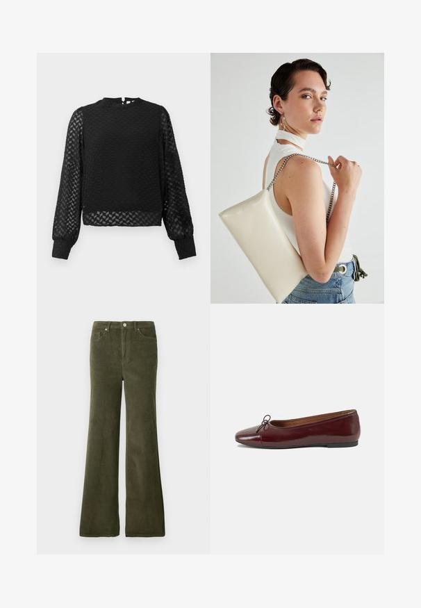 Musta pitkähihaisen paita, jossa on teksturoitu sahalaita kuvio, korkea kaula-aukko ja läpinäkyvät hihat. Mukana takana oleva avaus avaimenreikä ja istuvat hihansuut.; Olivi vihreät corduroypöksyt, joissa on suora pinta, etutaskut ja metallinen nappisuljin vyötäröllä.; Burgundin värinen lakattu nahkainen ballerinatossu pyöreällä varvaskärjellä, pienen nauhan yksityiskohdalla edessä ja matalalla mustalla kumipohjalla. Sujuva pinta.; Valkoinen suorakulmainen clutch-laukku, joka on valmistettu kiiltävästä materiaalista ja jossa on hopeinen ketjuolkahihna. Malli poseeraa laukku käsivarsillaan yksinkertaista taustaa vasten.