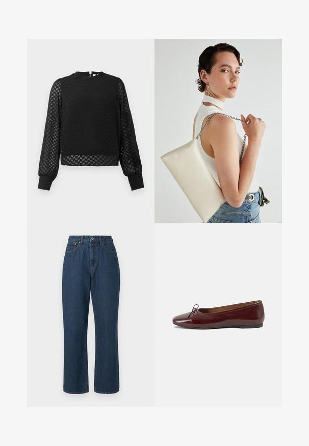 Czarny top z długim rękawem o fakturowanym wzorze w zygzak, z wysokim kołnierzem i przezroczystymi rękawami. Posiada otwarcie w kształcie klucza z tyłu oraz dopasowane mankiety.; Niebieskie dżinsy z wysokim stanem, szerokimi nogawkami, widocznym stebnowaniem i pojedynczym zapięciem z przodu na guzik. Teksturowana tkanina o gładkim wykończeniu.; Bordowe baleriny z lakierowanej skóry z zaokrąglonym noskiem, małą kokardką z przodu oraz niską, czarną gumową podeszwą. Gładka tekstura.; Biała prostokątna kopertówka wykonana z błyszczącego materiału, z srebrnym łańcuszkiem. Modelka pozuje, prezentując torebkę na jednolitym tle.