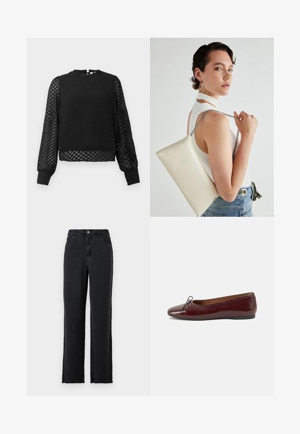 Must have mustar varrukatega särk, millel on tekstureeritud rästiku muster, kõrge kaelus ja läbipaistvad varrukad. Omab seljal võtmeaugu avamist ja sobivaid mansette.; Mustad tekstuuriga lai jalaga teksad, millel on ees taskud ja nööp sulgemiseks, lihtsal taustal.; Burgundi patendnahk kingad balletitüüpi, ümmarguse ninaosa, ees väike paelaaktsent ja madal must kummist tald. Sile tekstuur.; Valge ristkülikuline kotti, mis on valmistatud läikivast materjalist, hõbedase ahelsangaga. Mudel poseerib, tutvustades kotti ühtlase taustaga.