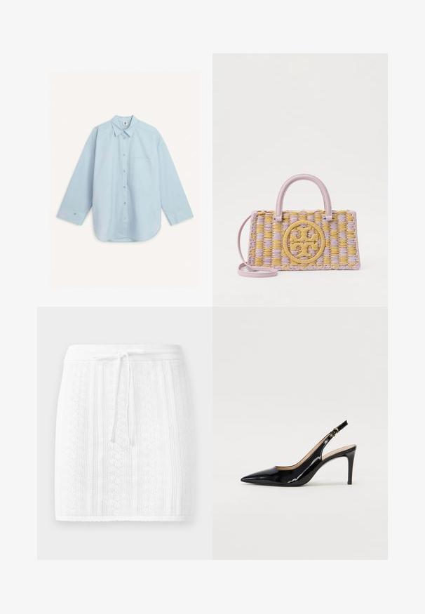 By Malene Birger DERRIS  - Chemisier - light blue; Jupe en tricot de couleur blanche avec un motif texturé et des rayures verticales ; elle a une taille avec cordon de serrage et un ourlet festonné.; Pompe slingback en cuir verni noir avec un bout pointu, un talon fin et un design de découpes subtil. Elle dispose d'une boucle dorée sur la sangle.; Tory Burch ELLA CHECKERED - Sac à main - pale purple