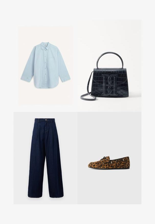 By Malene Birger DERRIS - Button-down blouse - light blue; Dark blue denim wide-leg trousers with a high waist, pleated front, and classic button closure, featuring side pockets and contrasting stitching.; Leopard-print loafers with a soft texture, rounded shape, black laces, and gold eyelets, featuring a flat rubber sole.; Black crocodile-embossed leather handbag with a structured design, top handle, adjustable strap, and a prominent front logo detail.
