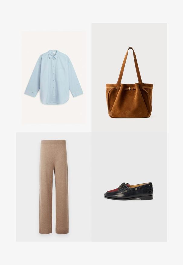 By Malene Birger DERRIS - Camicia - light blue; Pantaloni in maglia beige a gamba larga e alta vita, con elastico a coste in vita e polsini, esposti su uno sfondo bianco.; Scarpa da barca in pelle nera con punta in suede rossa, occhiali dorati e un fiocco decorativo. Texture liscia con un tacco basso a blocco.; Borsa a tracolla in suede marrone con doppio manico, chiusura a bottone e una forma rilassata, leggermente morbida.