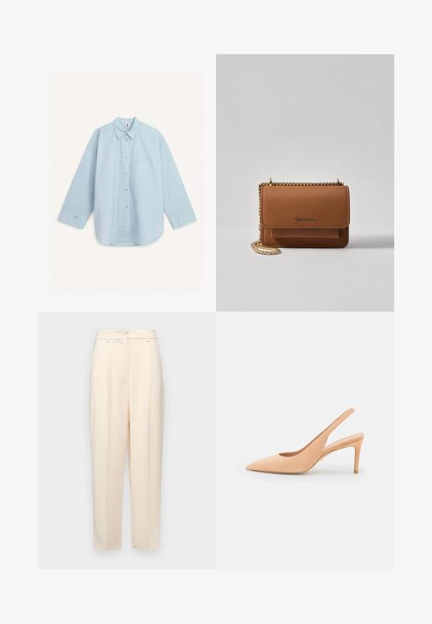 By Malene Birger DERRIS - Chemisier - light blue; Pantalons beiges ajustés à coupe droite, avec des plis à l'avant, une texture lisse et une taille mi-haute. Pas de poches visibles.; Stuart Weitzman STUART SLINGBACK - Escarpins - adobe; Sac en cuir texturé marron en bandoulière avec une sangle en chaîne dorée et une fermeture à rabat. L'avant présente un détail de logo et une poche sous le rabat.