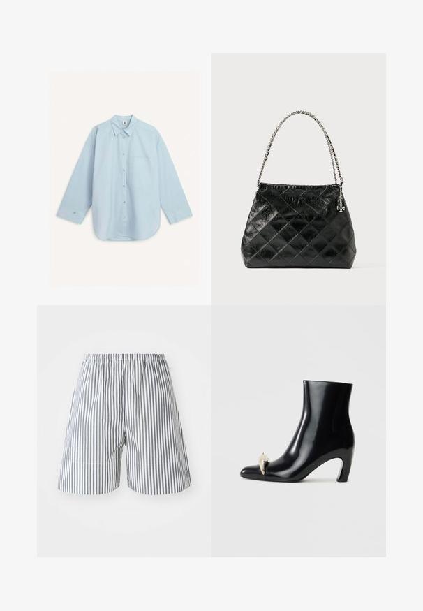 By Malene Birger DERRIS - Pogājama blūze - light blue; Svītrainas bikses jūras zila un baltā krāsā, izgatavotas no kokvilnas, ar elastīgu jostu un brīvu piegriezumu. Garums līdz vidusceļam ar smalkām šuvēm.; Melnas potītes zābaki, izgatavoti no spīdīgas ādas, ar smailu purngalu un dekoratīvu zelta un sudraba akcentu priekšpusē. Bloka papēža dizains.; Melnas šūtas ādas rokassomas ar sudraba krāsas ķēdes rokturi, tai ir strukturēts dizains un gluda tekstūra.